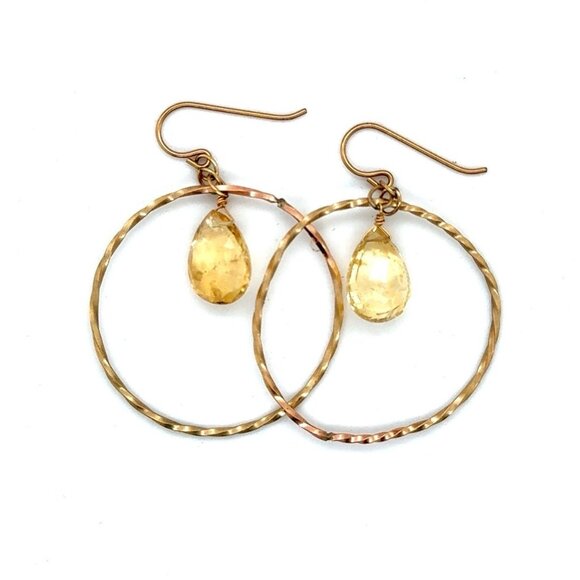 Yellow Briolette Citrine Hoops Dangle Earrings - Picture 1 of 5